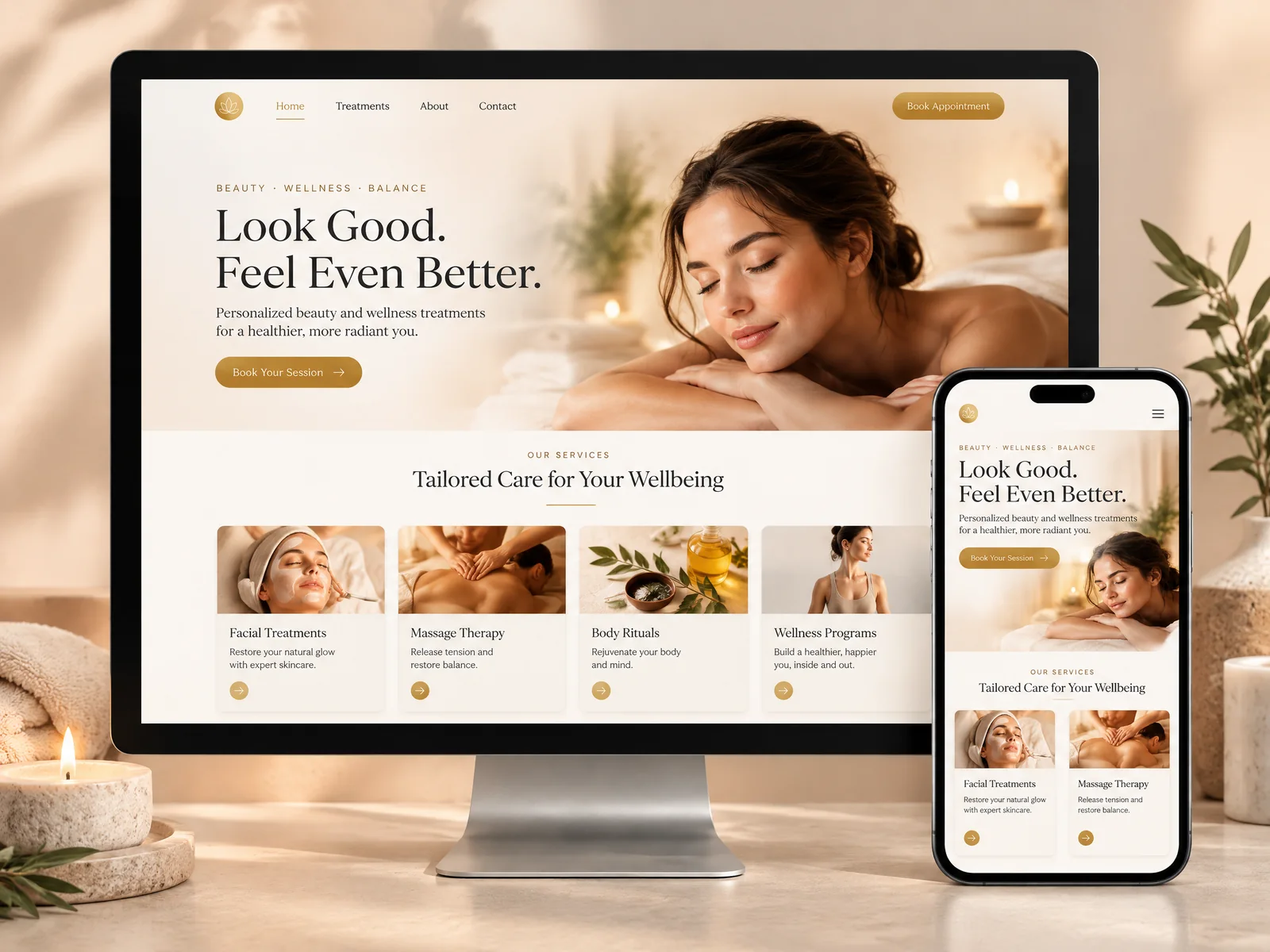 Mockup conceptual de website acolhedor para beleza e bem-estar, em desktop e mobile