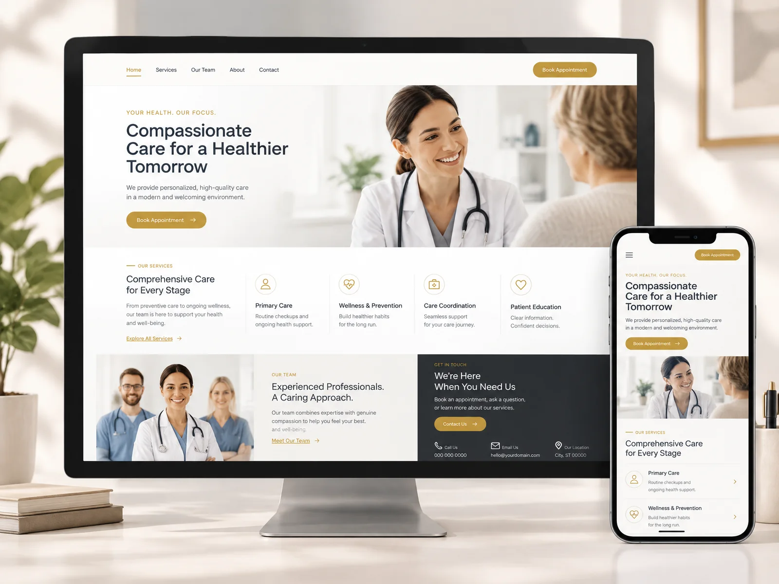 Mockup conceptual de website clean para clínica, em desktop e mobile