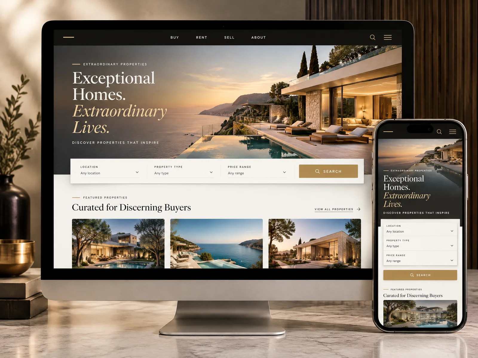 Mockup conceptual de website de alto padrão para imobiliária, em desktop e mobile