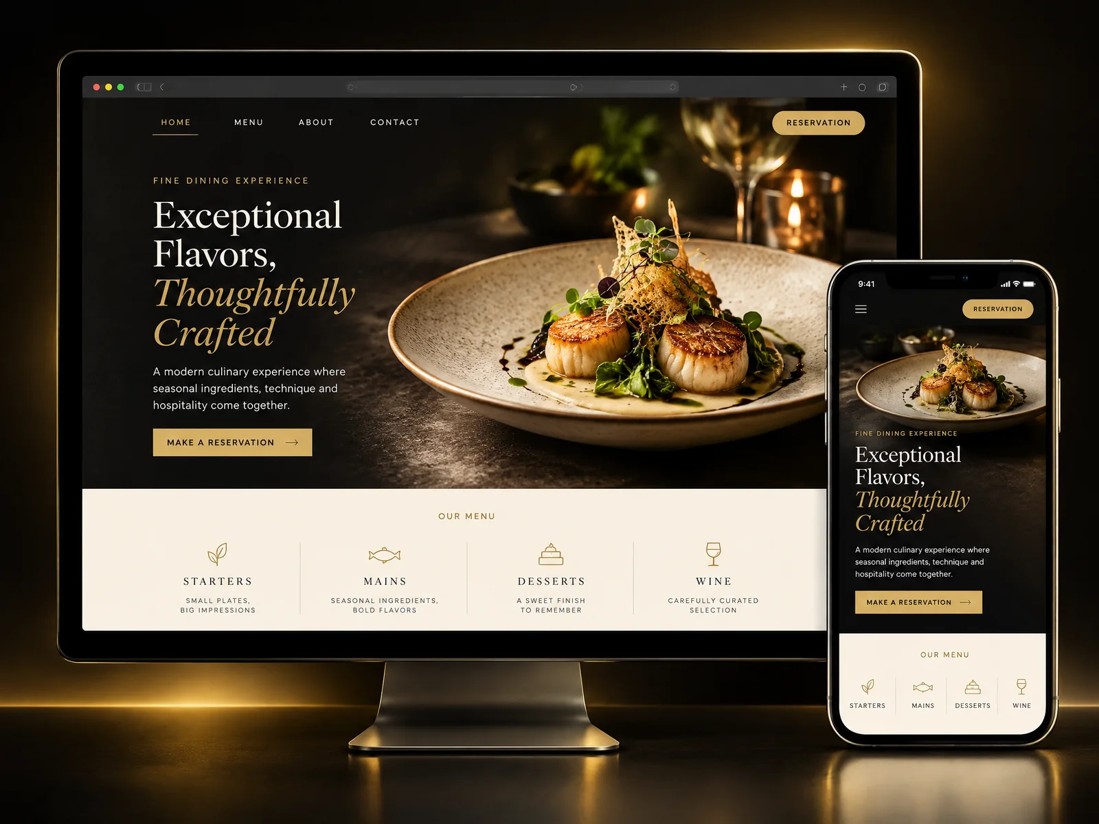 Mockup conceptual de website sofisticado para restaurante, em desktop e mobile